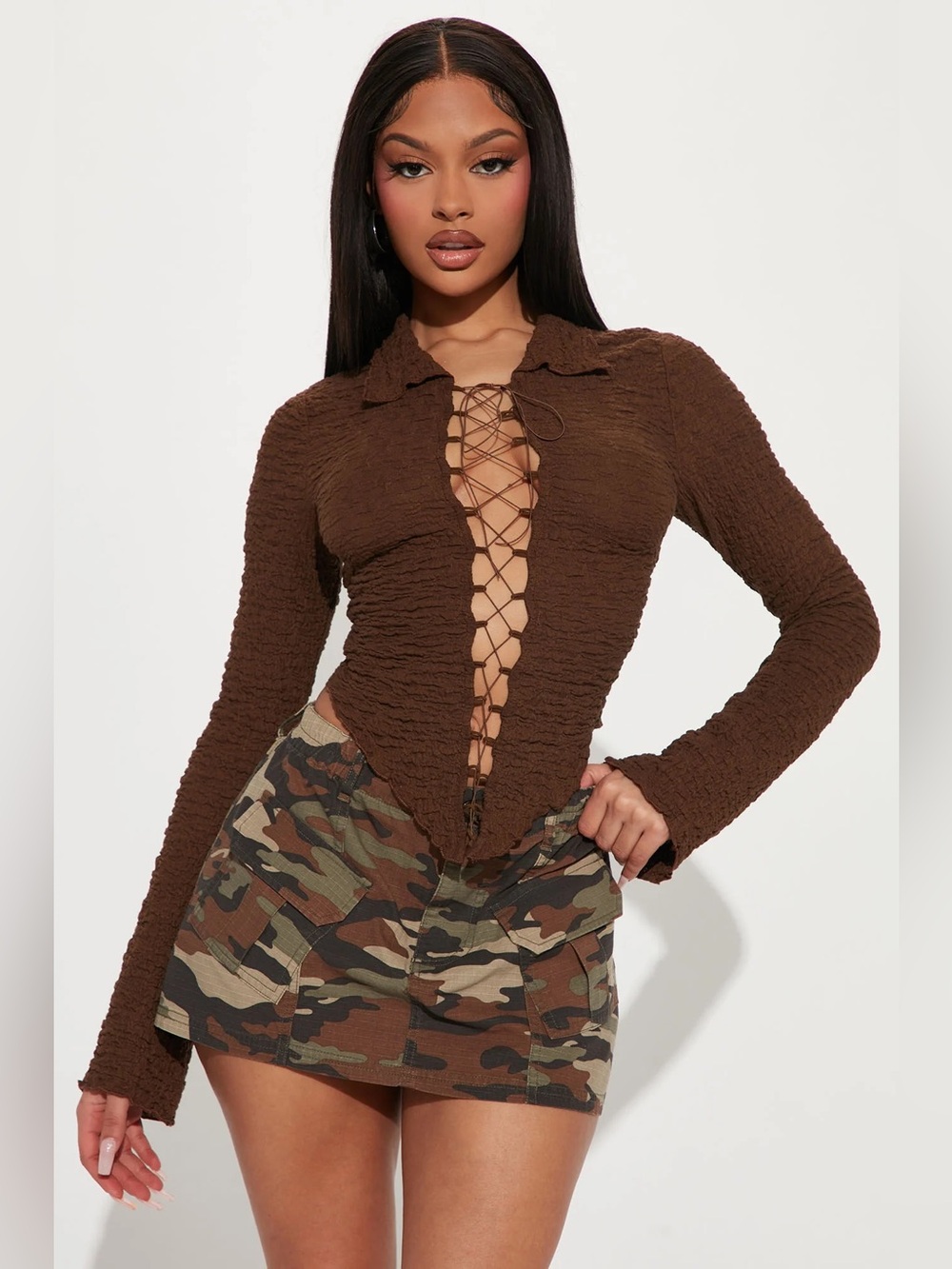 Fashion Nova Cassidy Lace Up Top Brown Lace-Up Textured Long Sleeve Collared Top